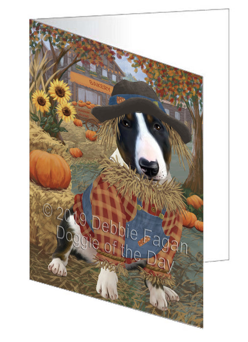 Fall Pumpkin Scarecrow Bull Terrier Dog Handmade Artwork Assorted Pets Greeting Cards and Note Cards with Envelopes for All Occasions and Holiday Seasons GCD77975