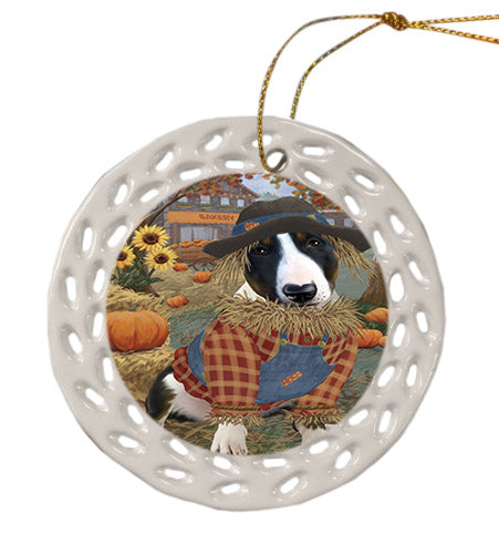 Fall Pumpkin Scarecrow Bull Terrier Dogs Ceramic Doily Ornament DPOR57543