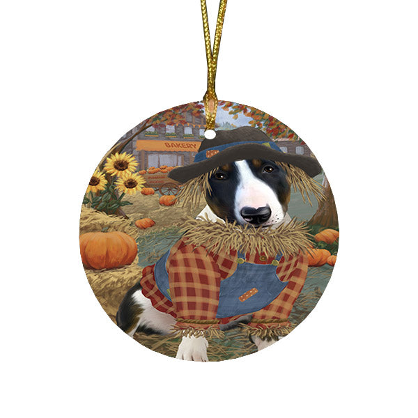 Halloween 'Round Town And Fall Pumpkin Scarecrow Both Bull Terrier Dogs Round Flat Christmas Ornament RFPOR57447