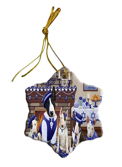 Happy Hanukkah Family Bull Terrier Dogs Star Porcelain Ornament SPOR57604
