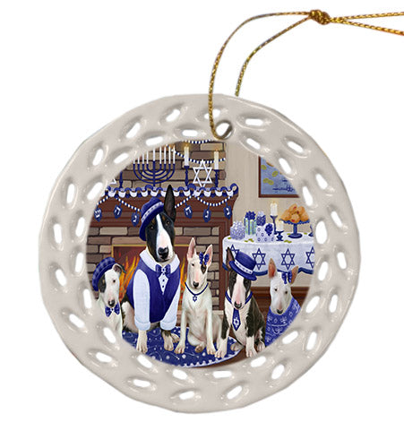 Happy Hanukkah Family Bull Terrier Dogs Ceramic Doily Ornament DPOR57604