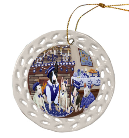 Happy Hanukkah Family Bull Terrier Dogs Doily Ornament DPOR57962