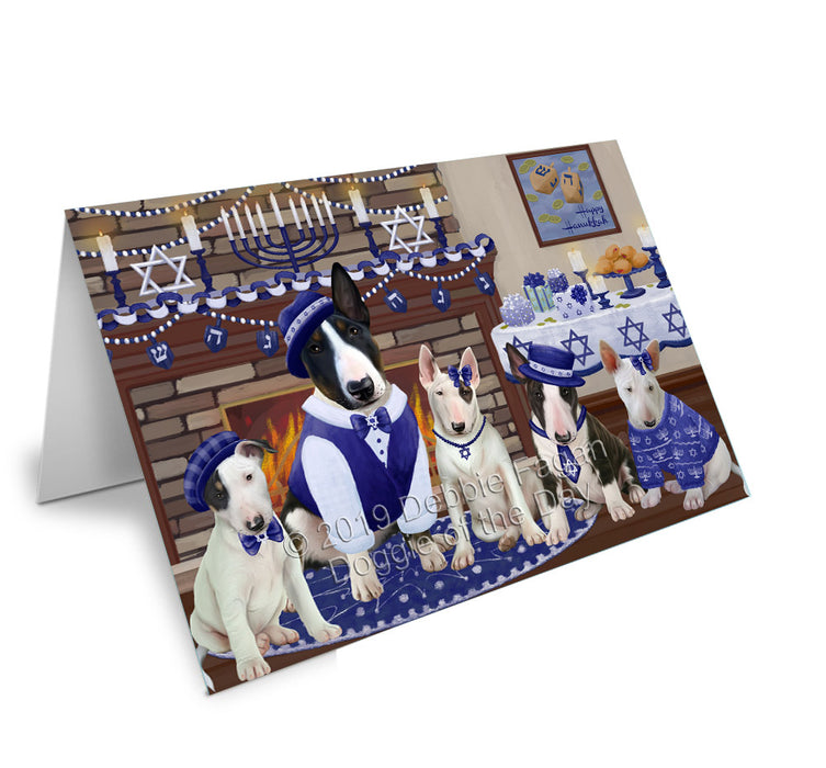 Happy Hanukkah Family Bull Terrier Dogs Handmade Artwork Assorted Pets Greeting Cards and Note Cards with Envelopes for All Occasions and Holiday Seasons GCD78158