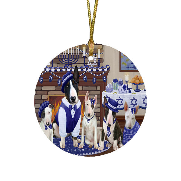 Happy Hanukkah Family and Happy Hanukkah Both Bull Terrier Dogs Round Flat Christmas Ornament RFPOR57508