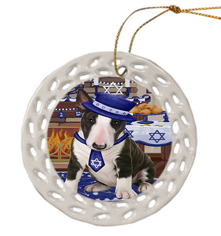 Happy Hanukkah Bull Terrier Dog Ceramic Doily Ornament DPOR57660