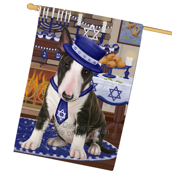 Happy Hanukkah Family and Happy Hanukkah Both Bull Terrier Dog House Flag FLG65760