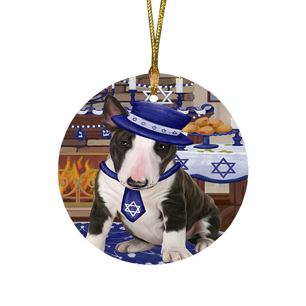 Happy Hanukkah Family and Happy Hanukkah Both Bull Terrier Dog Round Flat Christmas Ornament RFPOR57564