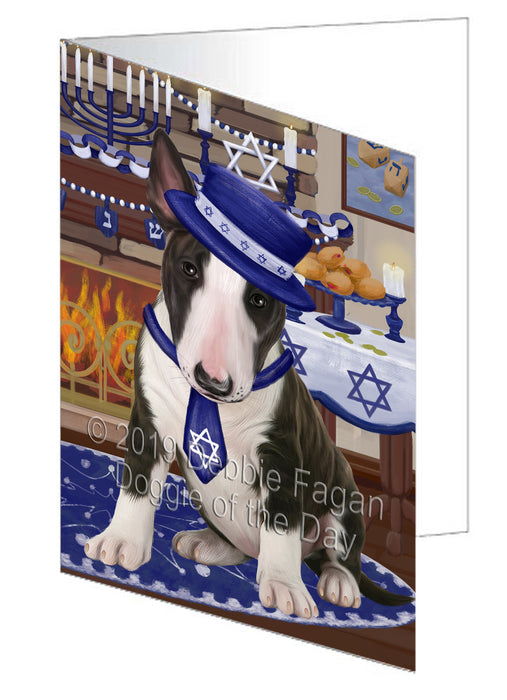 Happy Hanukkah Bull Terrier Dog Handmade Artwork Assorted Pets Greeting Cards and Note Cards with Envelopes for All Occasions and Holiday Seasons GCD78326