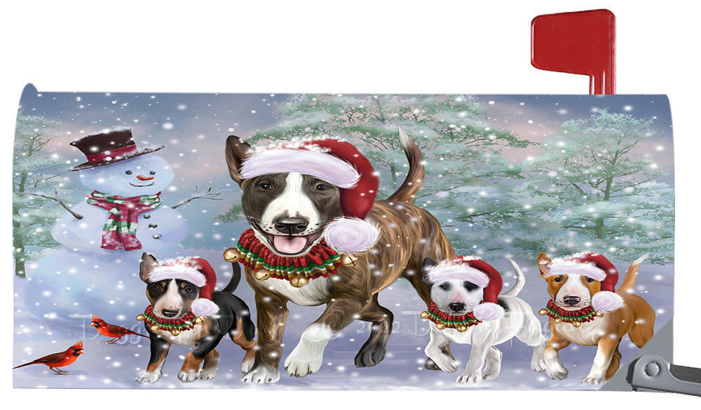 Christmas Running Family Bull Terrier Dogs Magnetic Mailbox Cover Both Sides Pet Theme Printed Decorative Letter Box Wrap Case Postbox Thick Magnetic Vinyl Material