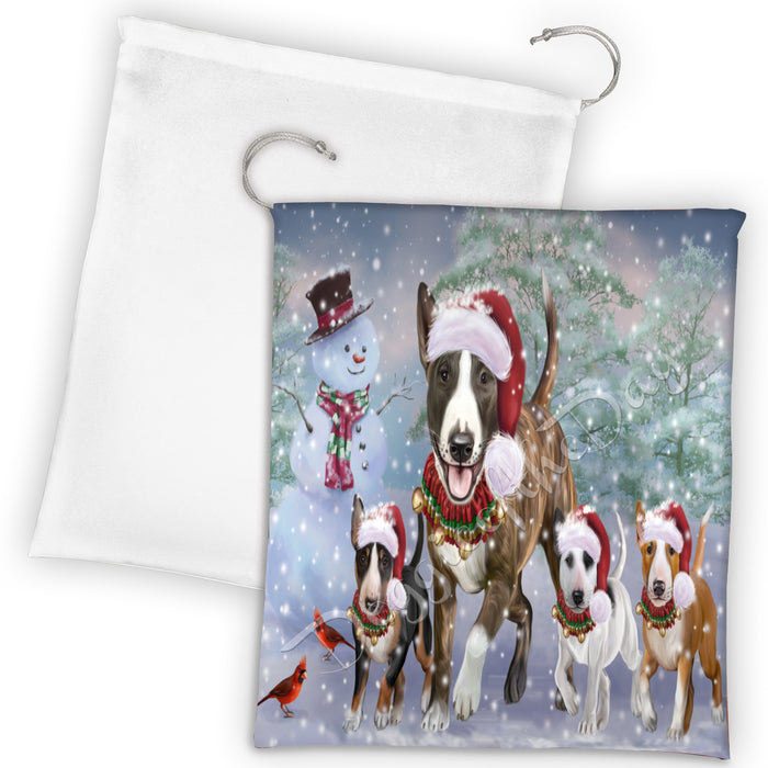 Christmas Running Fammily Bull Terrier Dogs Drawstring Laundry or Gift Bag LGB48210