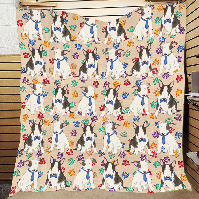 Rainbow Paw Print Bull Terrier Dogs Blue Quilt