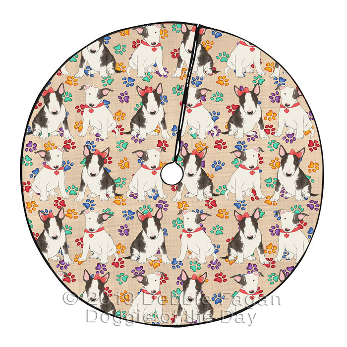 Rainbow Paw Print Bull Terrier Dogs Red Christmas Tree Skirt