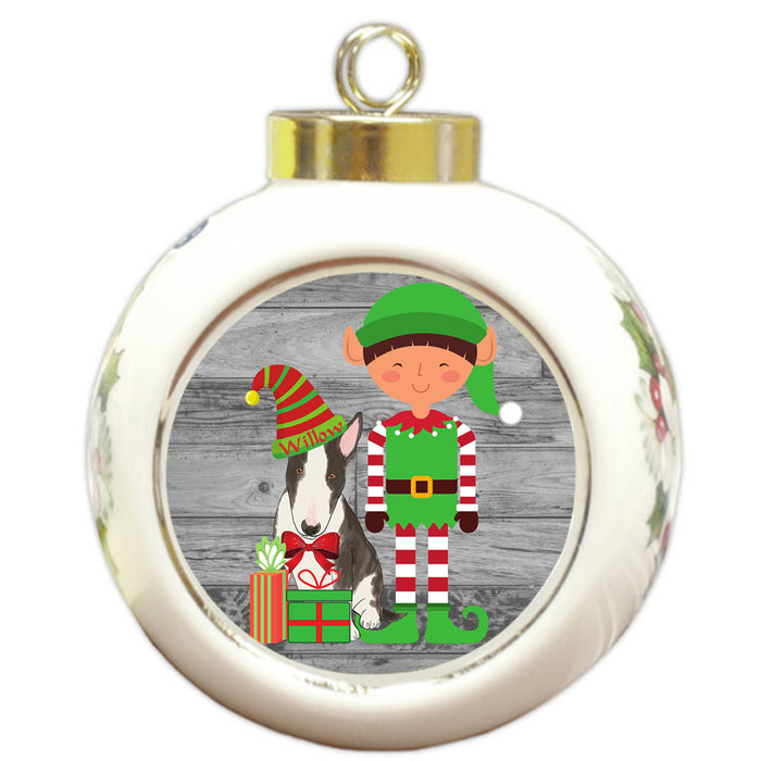 Custom Personalized Bull Terrier Dog Elfie and Presents Christmas Round Ball Ornament