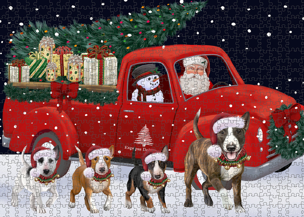 Christmas Express Delivery Red Truck Running Bull Terrier Dogs Puzzle with Photo Tin PUZL99632