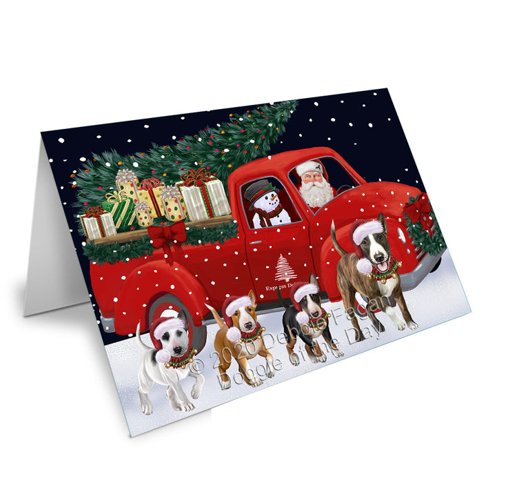 Christmas Express Delivery Red Truck Running Bull Terrier Dogs Handmade Artwork Assorted Pets Greeting Cards and Note Cards with Envelopes for All Occasions and Holiday Seasons GCD75086