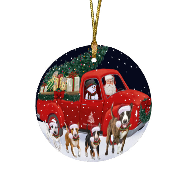 Christmas Express Delivery Red Truck Running Bull Terrier Dogs Round Flat Christmas Ornament RFPOR57733