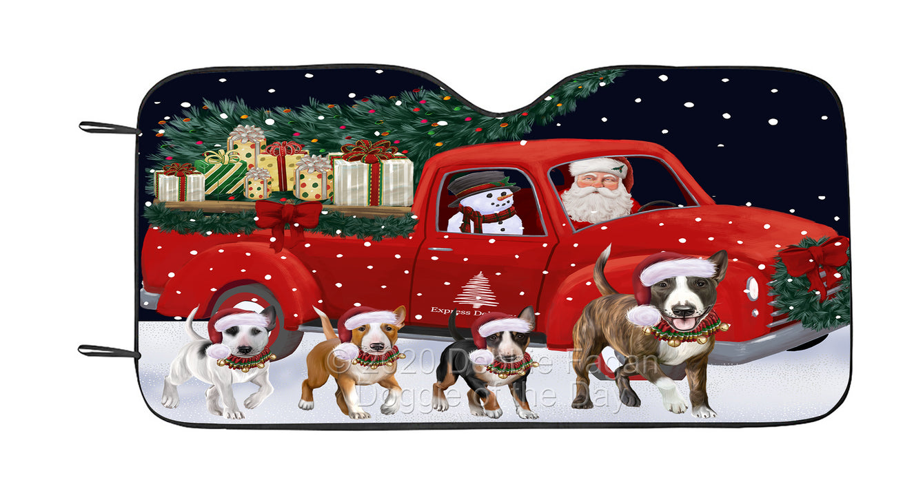 Christmas Express Delivery Red Truck Running Bull Terrier Dog Car Sun Shade Cover Curtain