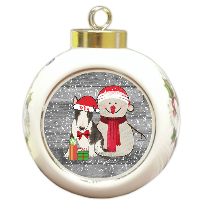 Custom Personalized Snowy Snowman and Bull Terrier Dog Christmas Round Ball Ornament