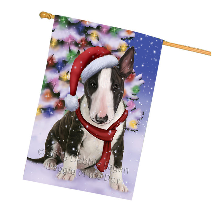 Winterland Wonderland Bull Terrier Dog In Christmas Holiday Scenic Background  House Flag FLG53567