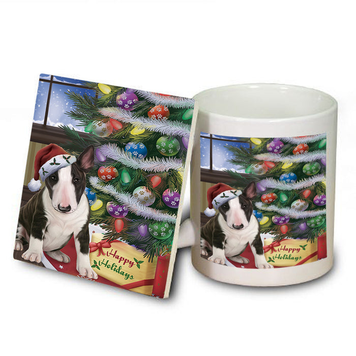 Christmas Happy Holidays Bull Terrier Dog with Tree and Presents Mug and Coaster Set MUC53800