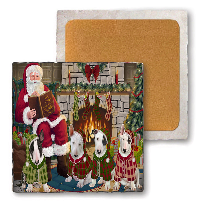 Christmas Cozy Holiday Tails Bull Terriers Dog Set of 4 Natural Stone Marble Tile Coasters MCST50110