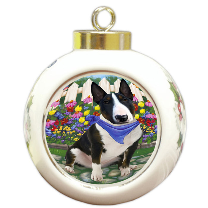 Spring Floral Bull Terrier Dog Round Ball Christmas Ornament RBPOR49816