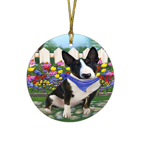 Spring Floral Bull Terrier Dog Round Flat Christmas Ornament RFPOR49807