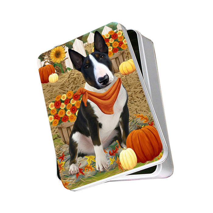 Fall Autumn Greeting Bull Terrier Dog with Pumpkins Photo Storage Tin PITN50704