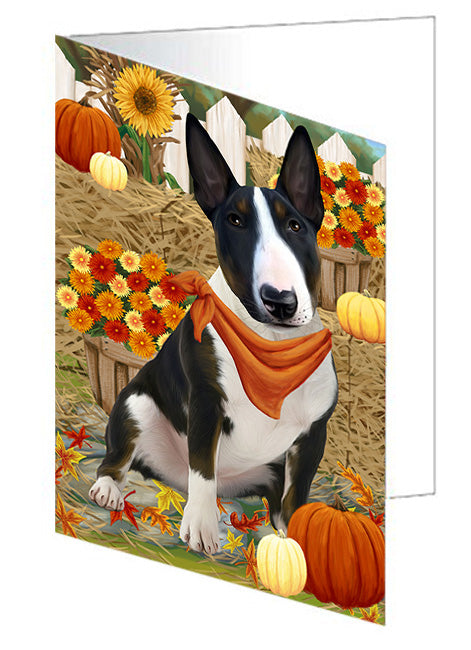 Fall Autumn Greeting Bull Terrier Dog with Pumpkins Handmade Artwork Assorted Pets Greeting Cards and Note Cards with Envelopes for All Occasions and Holiday Seasons GCD56141