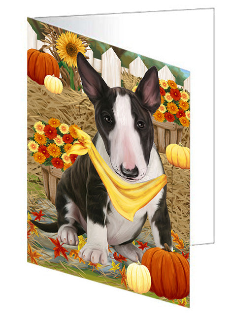 Fall Autumn Greeting Bull Terrier Dog with Pumpkins Handmade Artwork Assorted Pets Greeting Cards and Note Cards with Envelopes for All Occasions and Holiday Seasons GCD56144