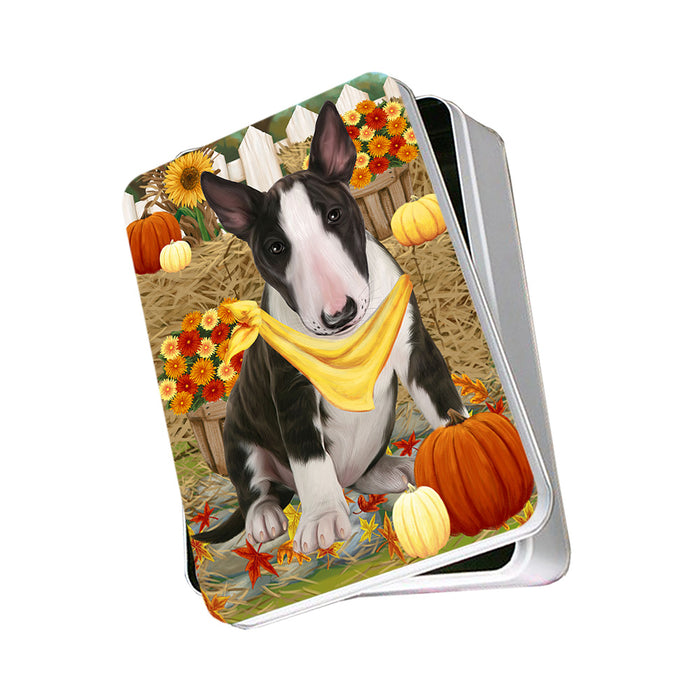 Fall Autumn Greeting Bull Terrier Dog with Pumpkins Photo Storage Tin PITN50705