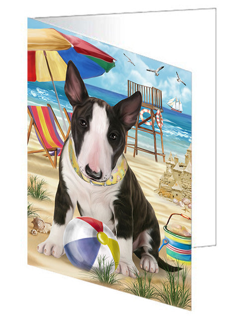 Pet Friendly Beach Bull Terrier Dog Handmade Artwork Assorted Pets Greeting Cards and Note Cards with Envelopes for All Occasions and Holiday Seasons GCD54065