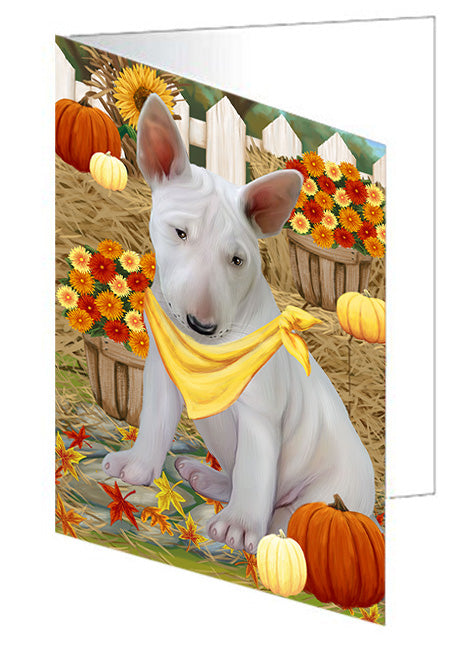 Fall Autumn Greeting Bull Terrier Dog with Pumpkins Handmade Artwork Assorted Pets Greeting Cards and Note Cards with Envelopes for All Occasions and Holiday Seasons GCD56147