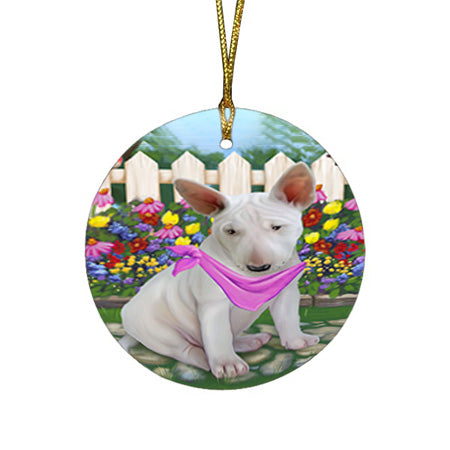 Spring Floral Bull Terrier Dog Round Flat Christmas Ornament RFPOR49809
