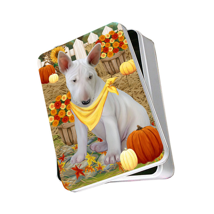Fall Autumn Greeting Bull Terrier Dog with Pumpkins Photo Storage Tin PITN50706