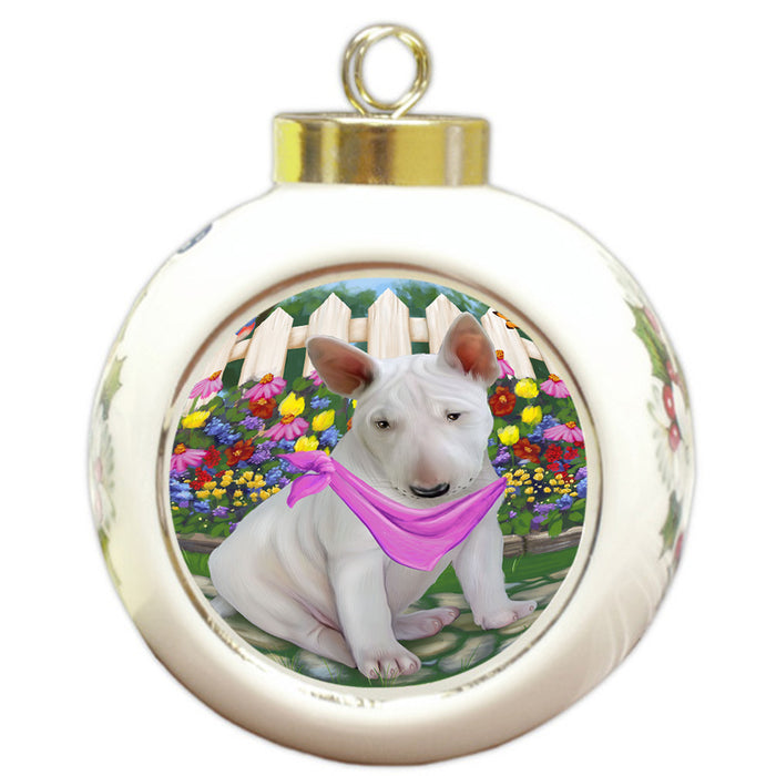Spring Floral Bull Terrier Dog Round Ball Christmas Ornament RBPOR49818