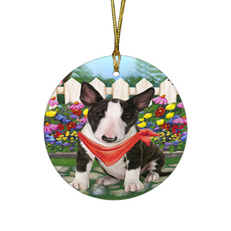 Spring Floral Bull Terrier Dog Round Flat Christmas Ornament RFPOR49810