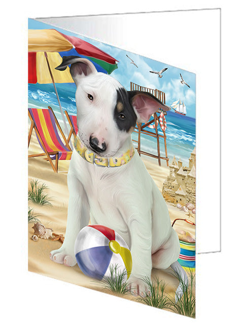 Pet Friendly Beach Bull Terrier Dog Handmade Artwork Assorted Pets Greeting Cards and Note Cards with Envelopes for All Occasions and Holiday Seasons GCD54068