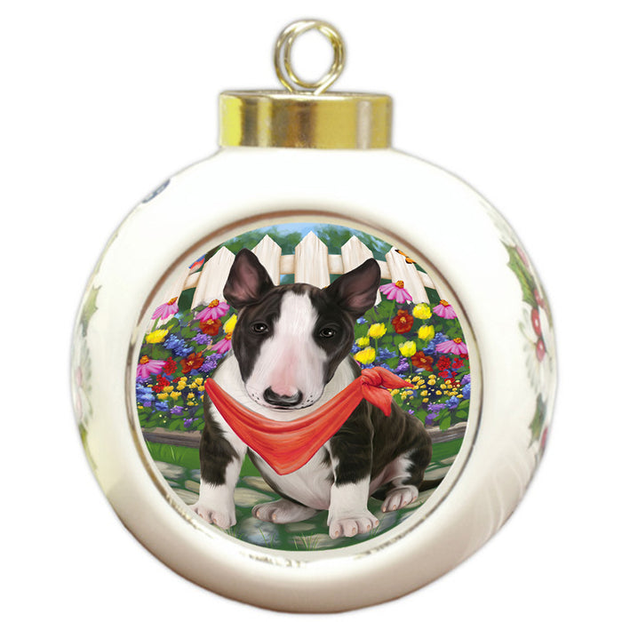 Spring Floral Bull Terrier Dog Round Ball Christmas Ornament RBPOR49819