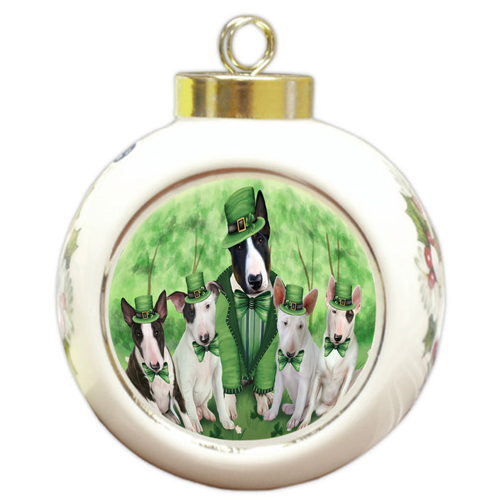 St. Patricks Day Irish Family Portrait Bull Terriers Dog Round Ball Christmas Ornament RBPOR48748