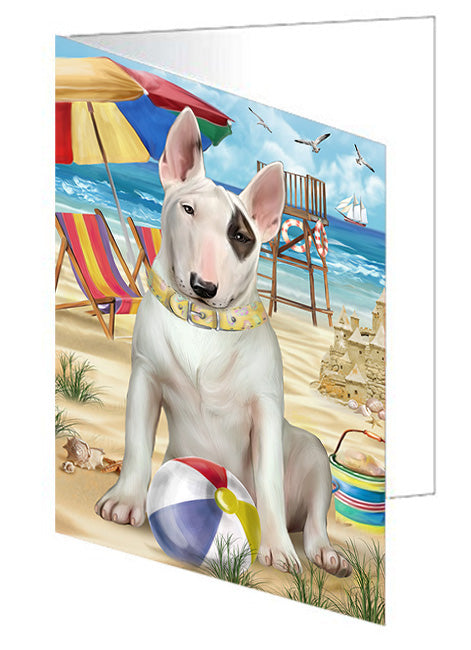 Pet Friendly Beach Bull Terrier Dog Handmade Artwork Assorted Pets Greeting Cards and Note Cards with Envelopes for All Occasions and Holiday Seasons GCD54071