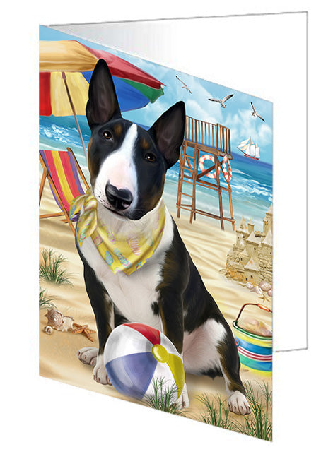 Pet Friendly Beach Bull Terrier Dog Handmade Artwork Assorted Pets Greeting Cards and Note Cards with Envelopes for All Occasions and Holiday Seasons GCD54074