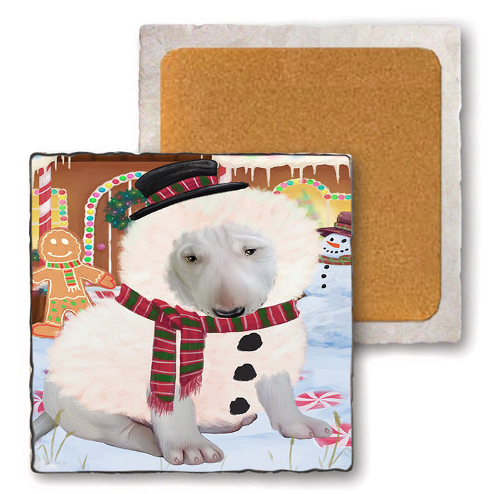 Christmas Gingerbread House Candyfest Bull Terrier Dog Set of 4 Natural Stone Marble Tile Coasters MCST51217