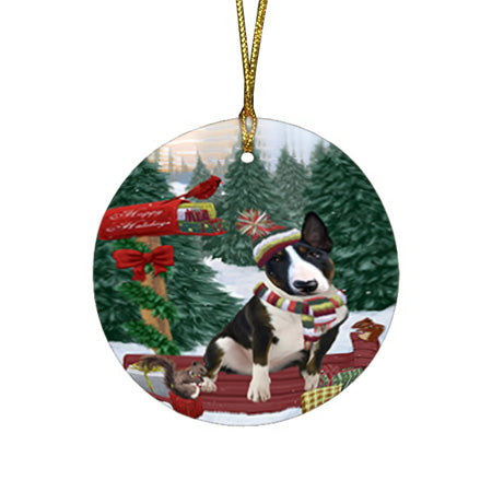 Merry Christmas Woodland Sled Bull Terrier Dog Round Flat Christmas Ornament RFPOR55228