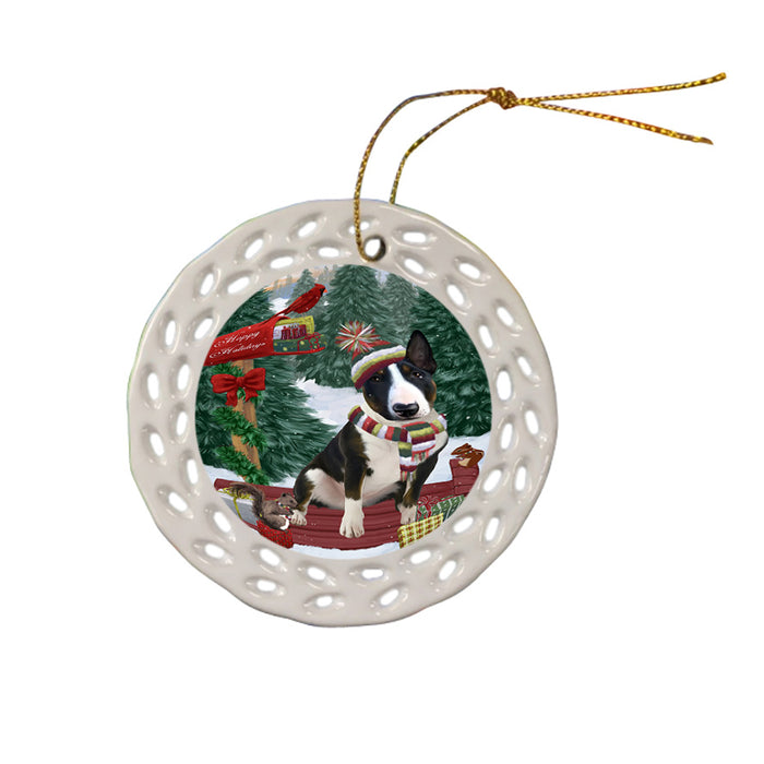 Merry Christmas Woodland Sled Bull Terrier Dog Ceramic Doily Ornament DPOR55228