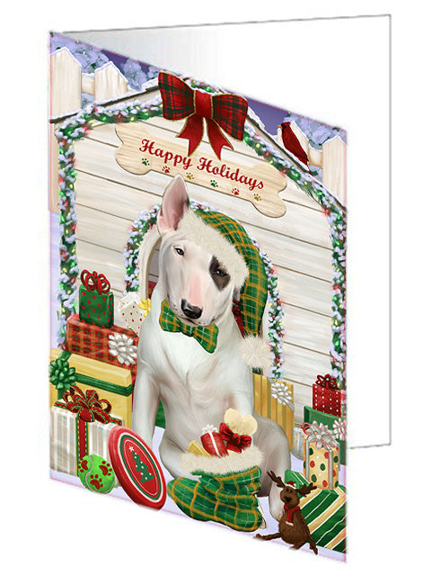 Happy Holidays Christmas Bull Terrier Dog House with Presents Handmade Artwork Assorted Pets Greeting Cards and Note Cards with Envelopes for All Occasions and Holiday Seasons GCD58121