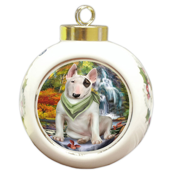 Scenic Waterfall Bull Terrier Dog Round Ball Christmas Ornament RBPOR51843