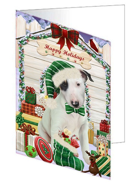Happy Holidays Christmas Bull Terrier Dog House with Presents Handmade Artwork Assorted Pets Greeting Cards and Note Cards with Envelopes for All Occasions and Holiday Seasons GCD58124