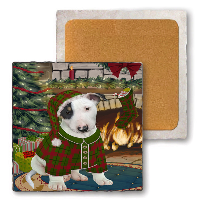 The Stocking was Hung Bull Terrier Dog Set of 4 Natural Stone Marble Tile Coasters MCST50249