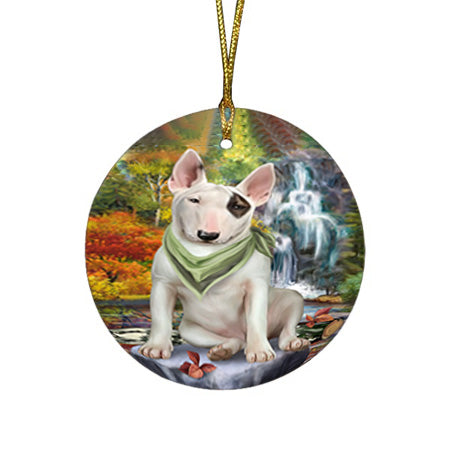 Scenic Waterfall Bull Terrier Dog Round Flat Christmas Ornament RFPOR51834